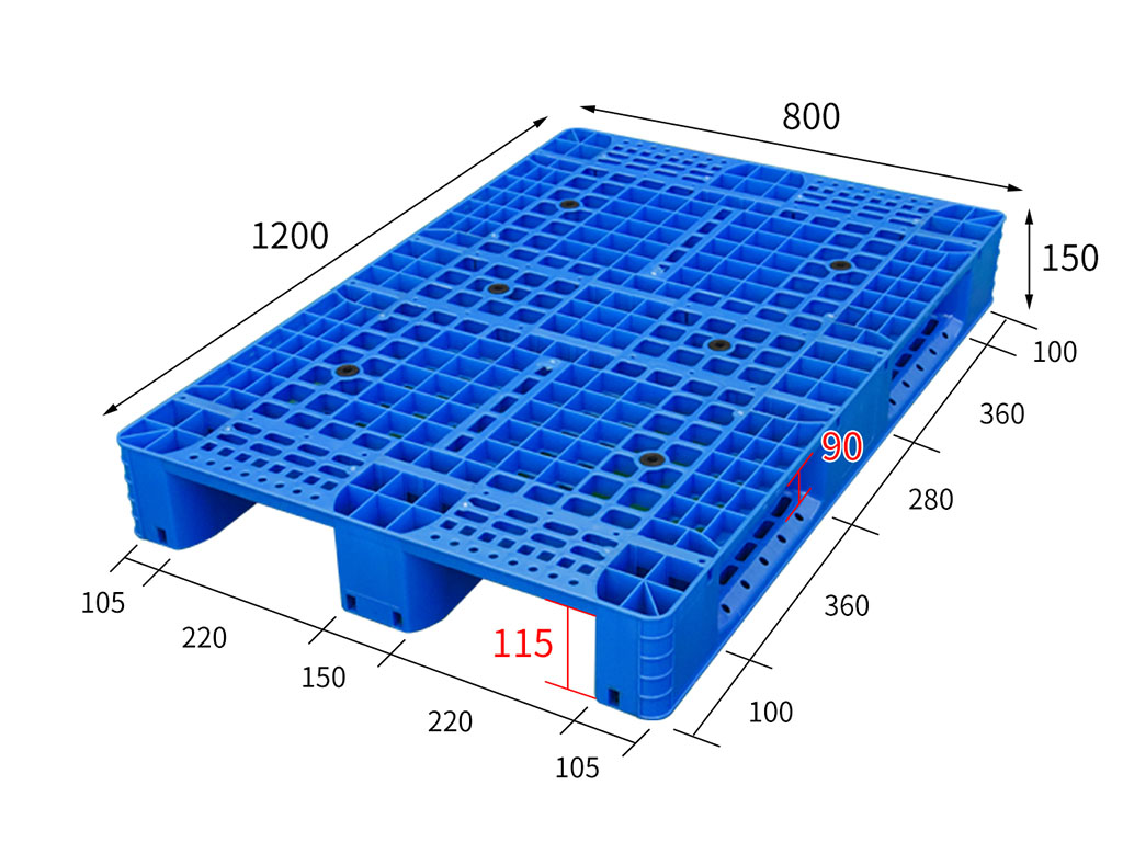 BH1208 1200 by 800 mm grid deck plastic pallet full dimensional view