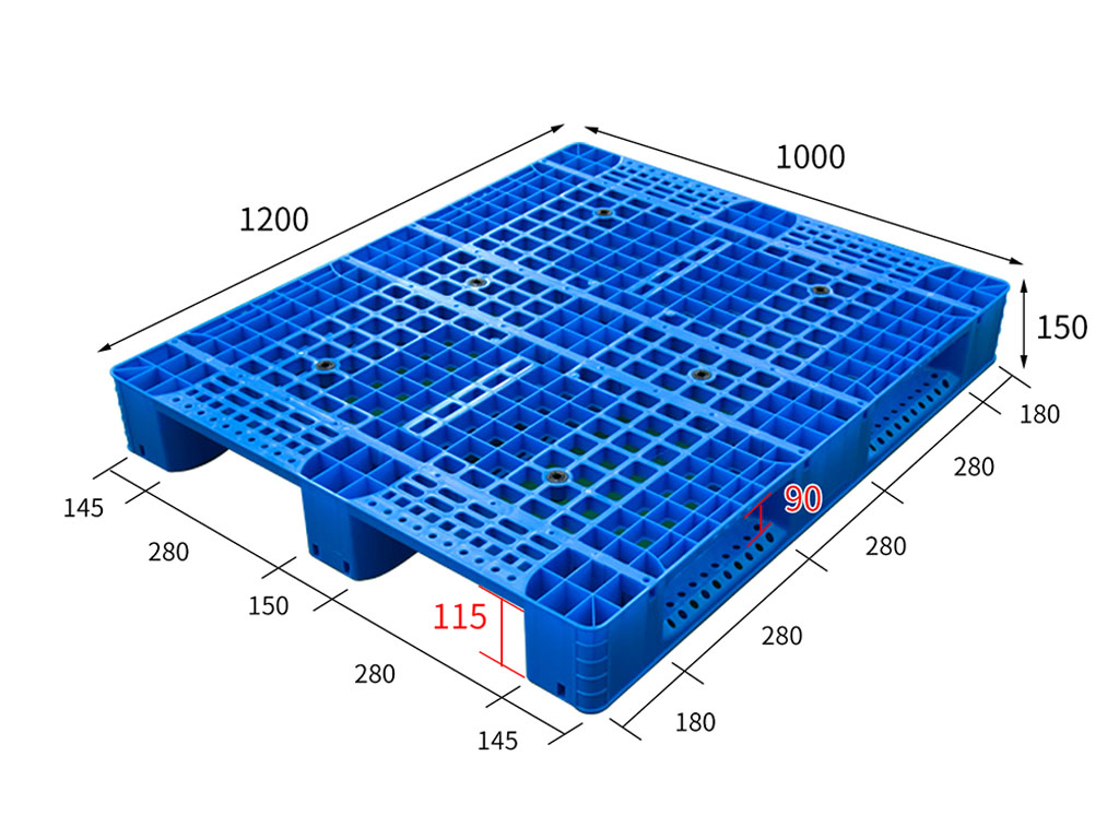 BH1210 1200 by 1000 mm grid deck plastic pallet full dimensional view