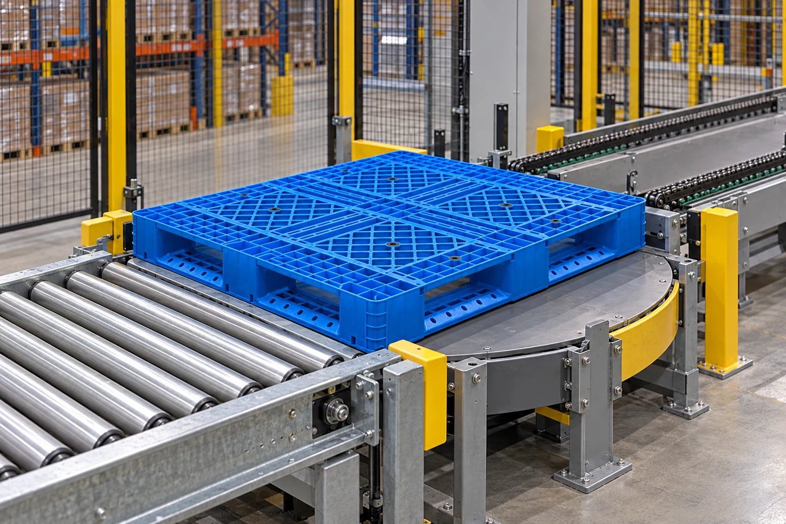 Blue grid full-perimeter plastic pallet at a roller conveyor and turntable transfer