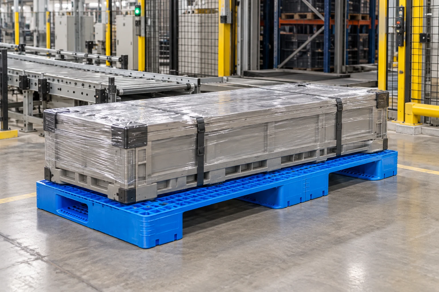 Long industrial container on a blue large-format grid three-runner plastic pallet in an automated warehouse
