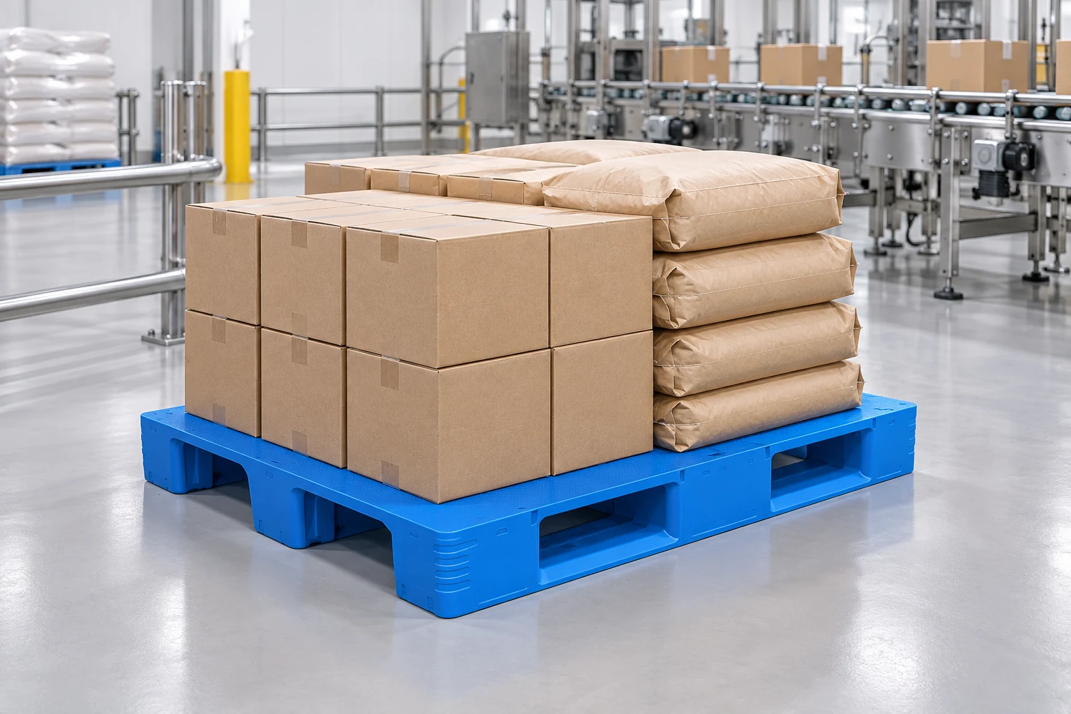 Small cartons and intact paper sacks on a blue solid-deck three-runner plastic pallet in a clean packaging warehouse
