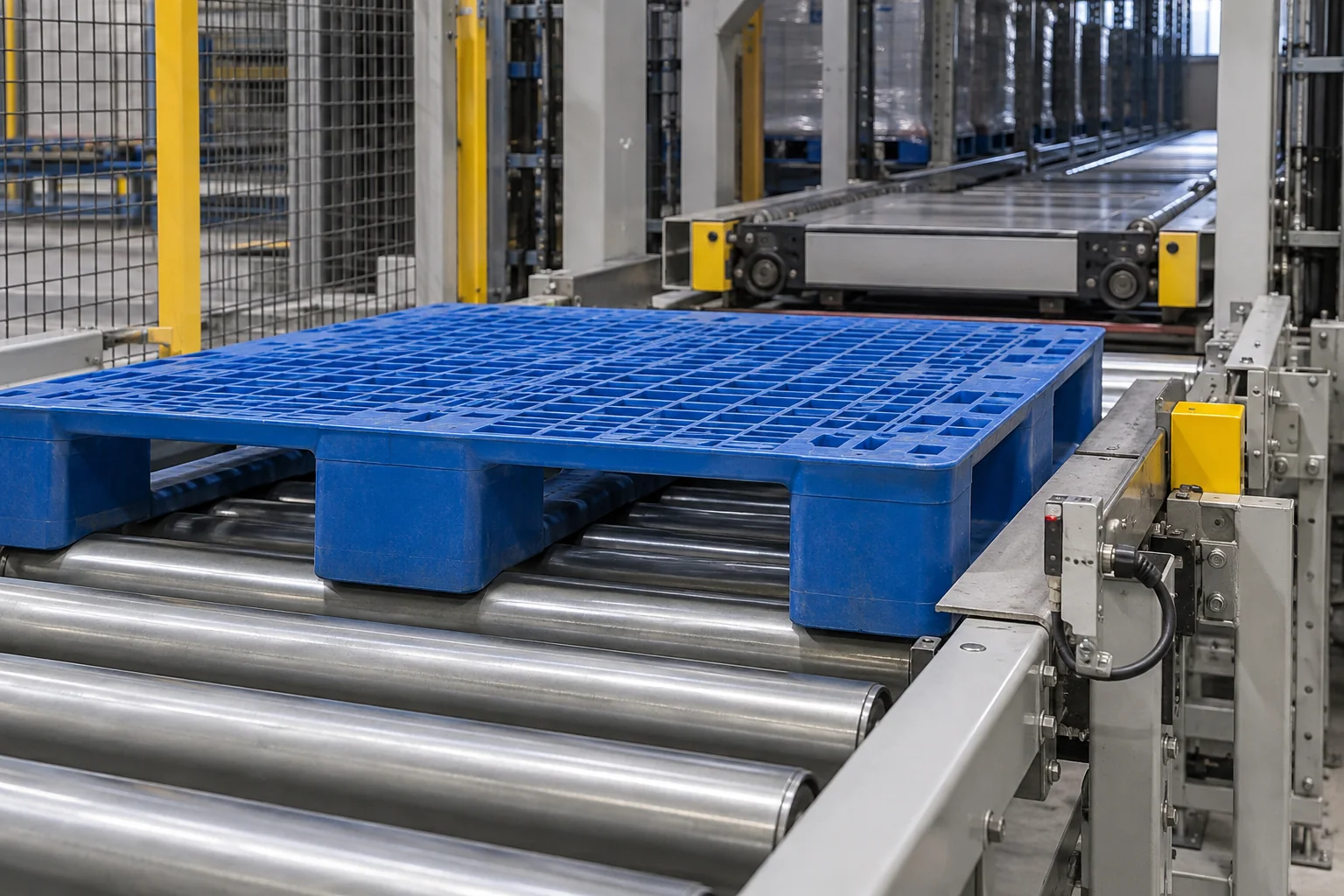 Grid-deck plastic pallet at a roller conveyor and shuttle transfer interface