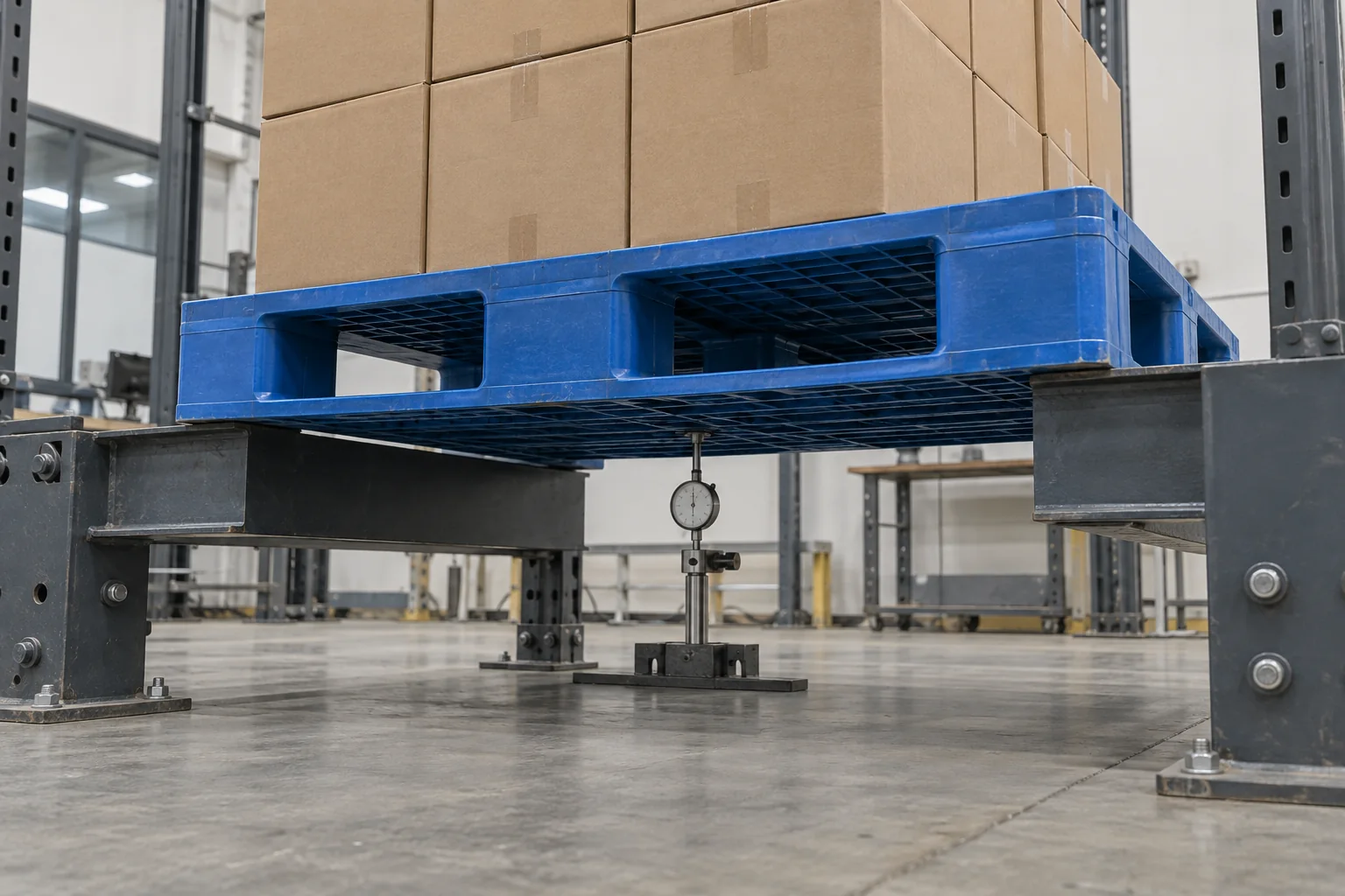 Loaded blue plastic pallet supported on rack beams during a deflection check